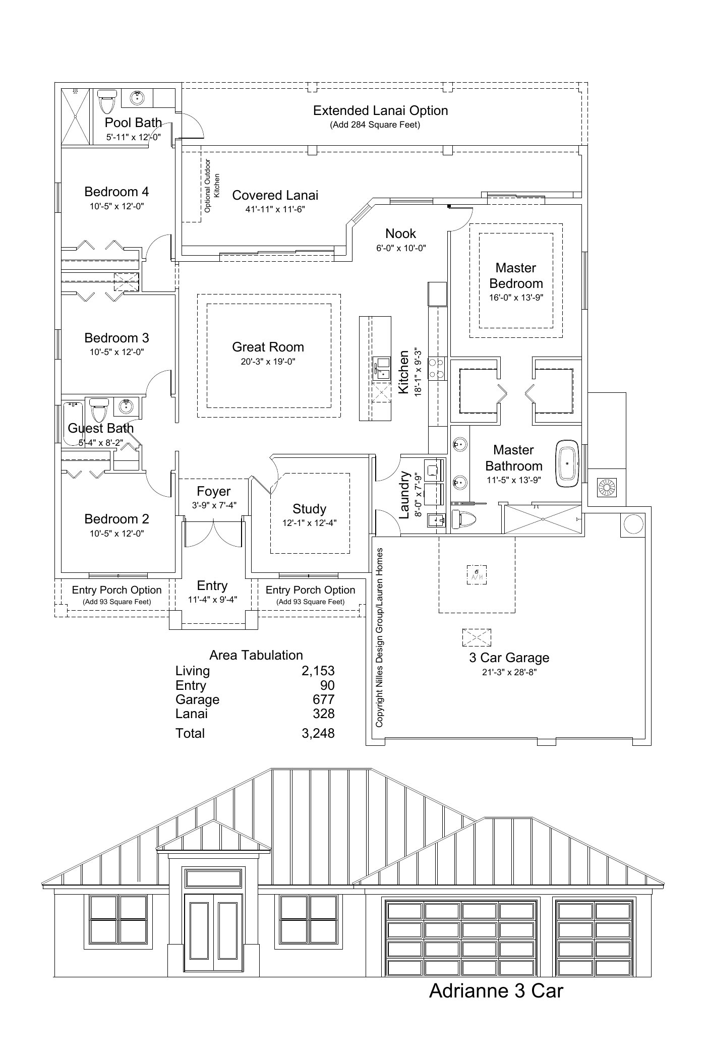 Adrianne floor plan by Lauren Homes: 4 bedrooms, 3 baths, 3-car garage, 2,153 sq ft living area, with front elevation and area tabulation