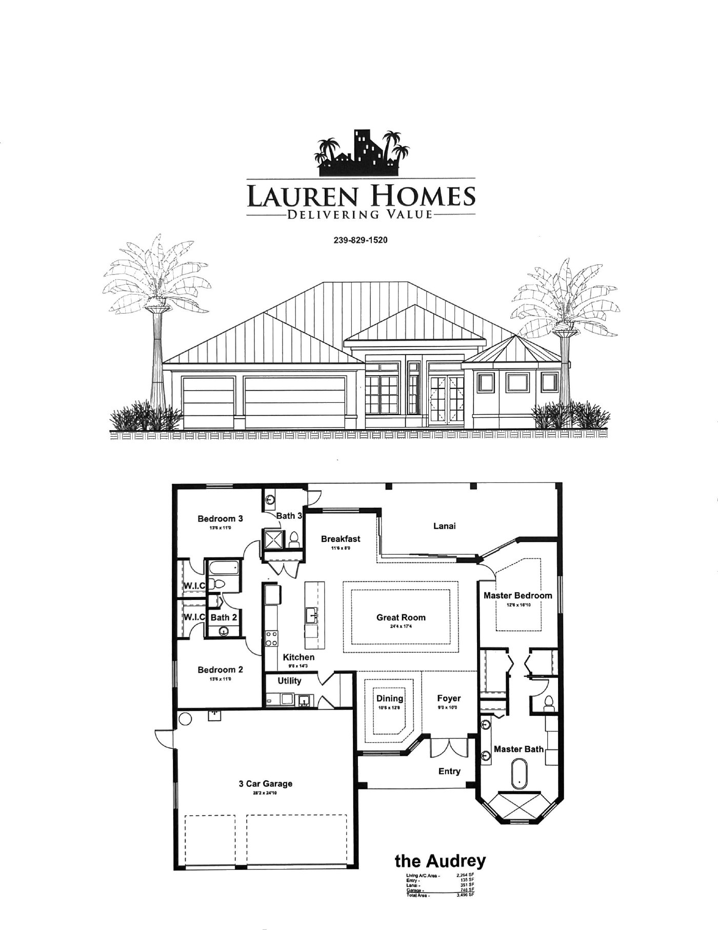 Audrey floor plan by Lauren Homes: 3 bedrooms, 3 baths, 3-car garage, 2,264 sq ft living area, with front elevation and area tabulation