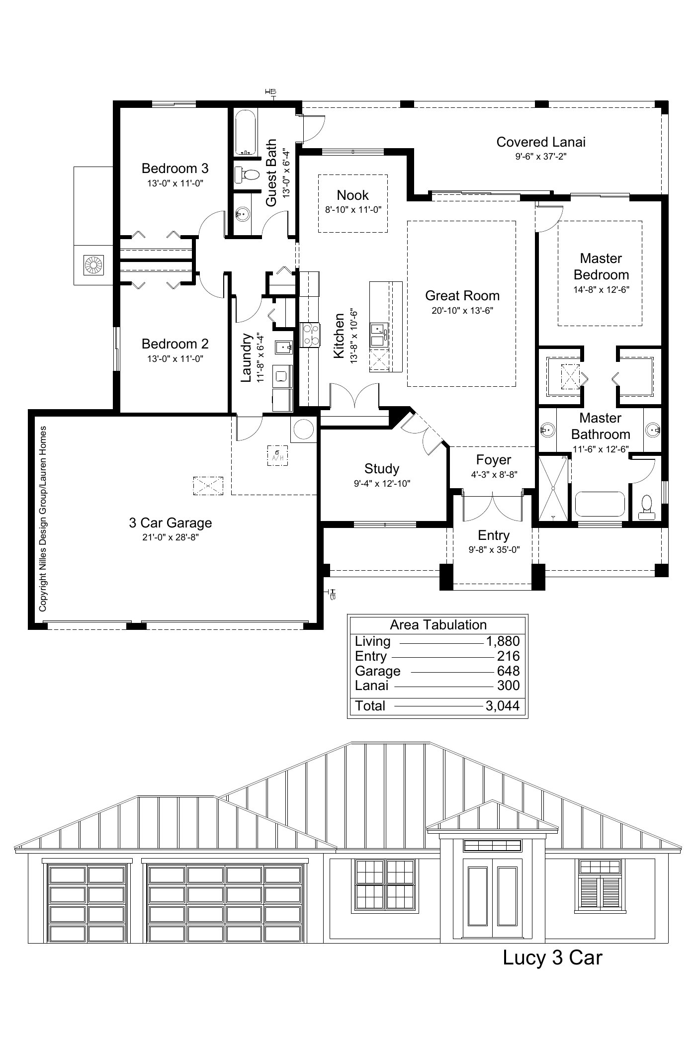 Lucy floor plan by Lauren Homes: 3 bedrooms, 2 baths, 3-car garage, 1,880 sq ft living area, with front elevation and area tabulation