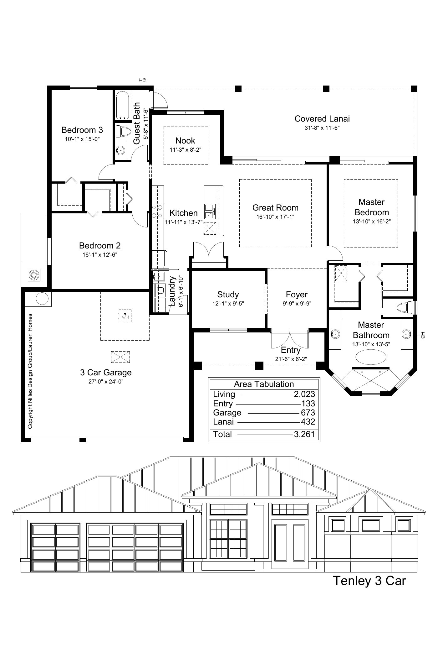 Tenley floor plan by Lauren Homes: 3 bedrooms, 2 baths, 3-car garage, 2,023 sq ft living area, with front elevation and area tabulation